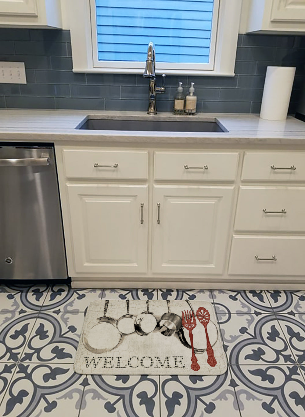 Pots and Pans Welcome Memory Foam Kitchen Mat Machine Washable Anti-Fatigue Cushion Comfort Bath or Kitchen Rug