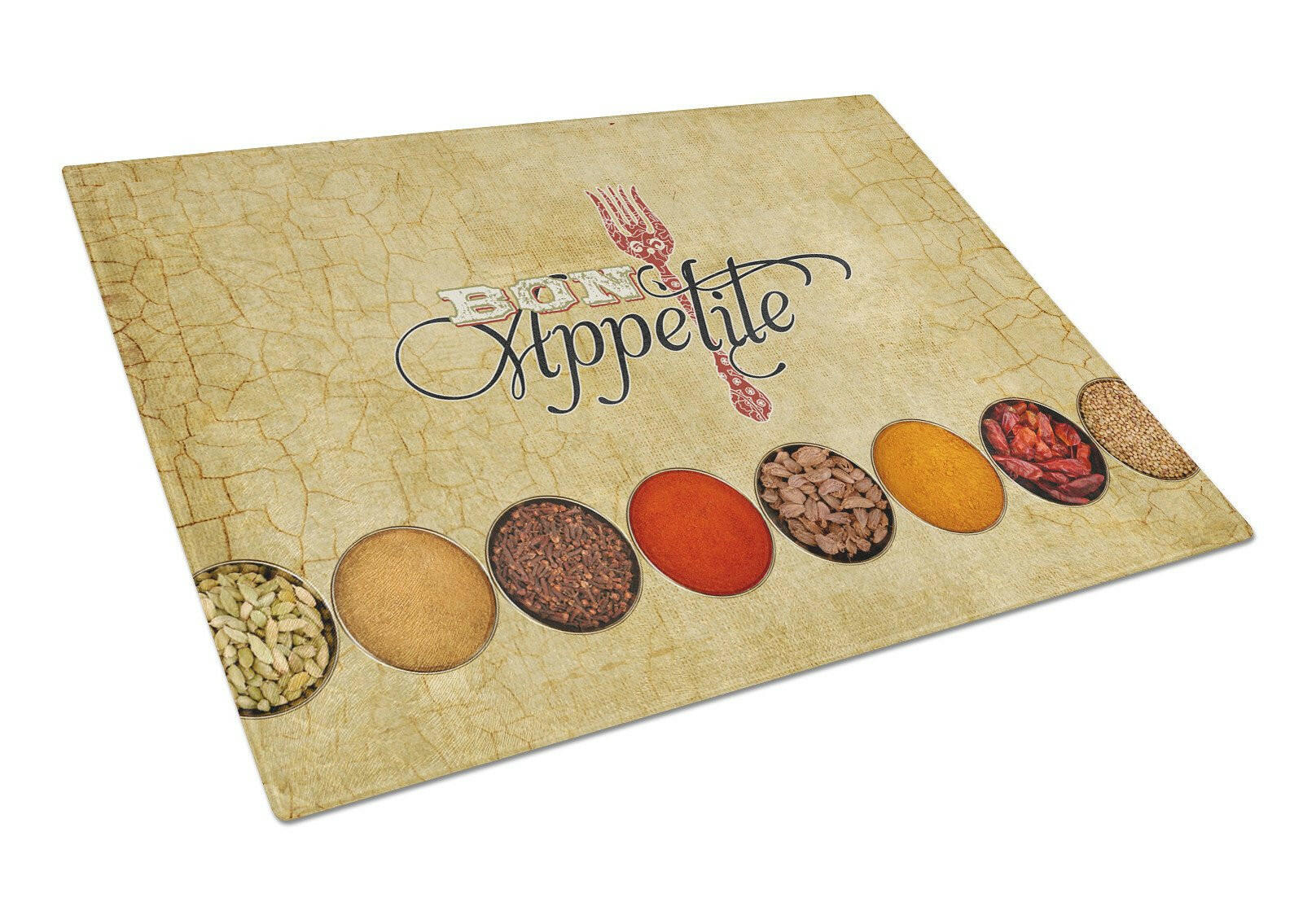 Bon Appetite and Spices Cutting Board Tempered Glass Kitchen Cutting Surface, Heat Resistant Chopping, Non-Slip Feet, Food Prep & Serving