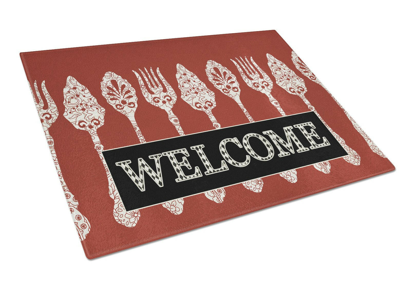 Serving Spoons Welcome Cutting Board Tempered Glass Kitchen Cutting Surface, Heat Resistant Chopping, Non-Slip Feet, Food Prep & Serving