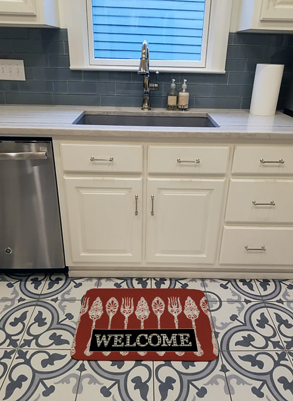Serving Spoons Welcome Memory Foam Kitchen Mat Machine Washable Anti-Fatigue Cushion Comfort Bath or Kitchen Rug