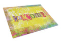 Artsy Welcome Cutting Board Tempered Glass Kitchen Cutting Surface, Heat Resistant Chopping, Non-Slip Feet, Food Prep & Serving