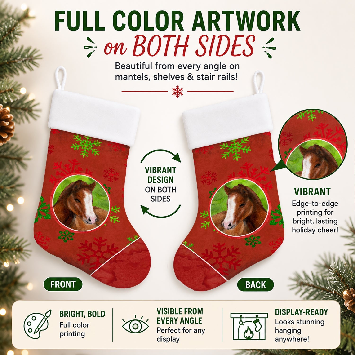 Horse Foal Red Snowflakes Holiday Christmas  Holiday Stocking Double-Sided Print, Polyester Suede,11x18, Made in USA