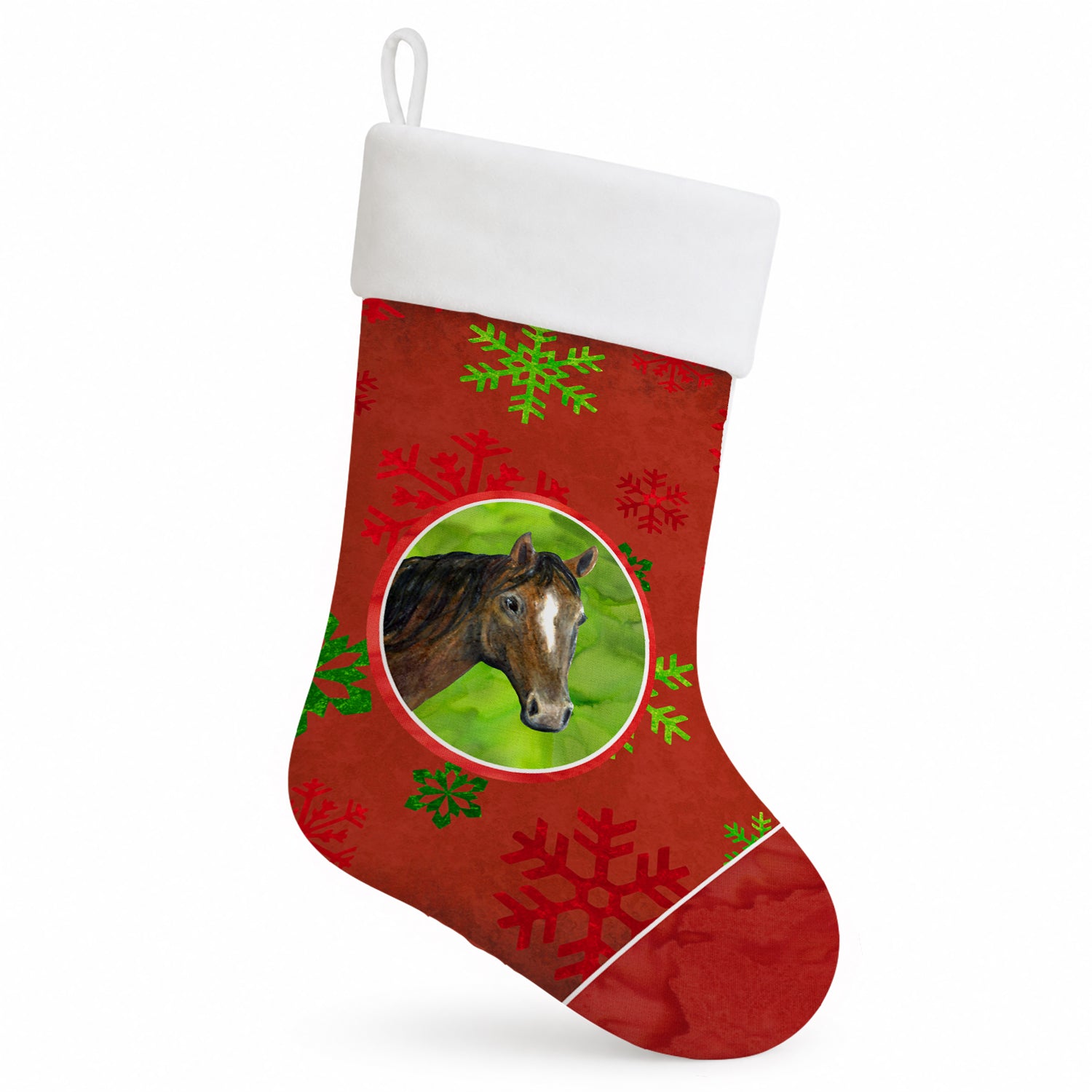 Horse Red Snowflakes Holiday Christmas  Holiday Stocking Double-Sided Print, Polyester Suede,11x18, Made in USA