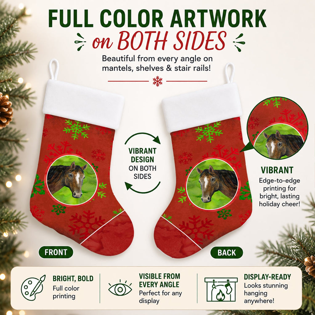 Horse Red Snowflakes Holiday Christmas  Holiday Stocking Double-Sided Print, Polyester Suede,11x18, Made in USA