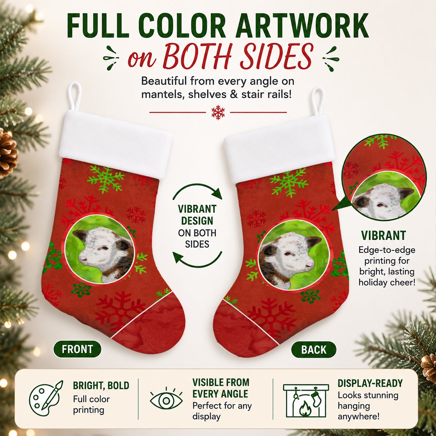 Baby Calf Red Snowflakes Holiday Christmas  Holiday Stocking Double-Sided Print, Polyester Suede,11x18, Made in USA