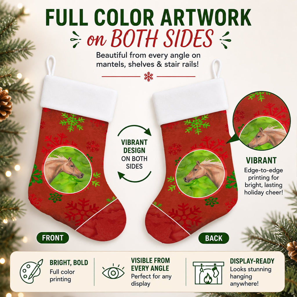 Horse Red Snowflakes Holiday Christmas  Holiday Stocking Double-Sided Print, Polyester Suede,11x18, Made in USA