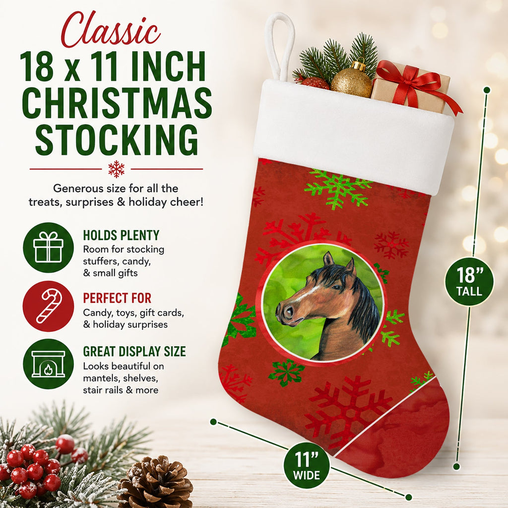 Horse Red Snowflakes Holiday Christmas  Holiday Stocking Double-Sided Print, Polyester Suede,11x18, Made in USA