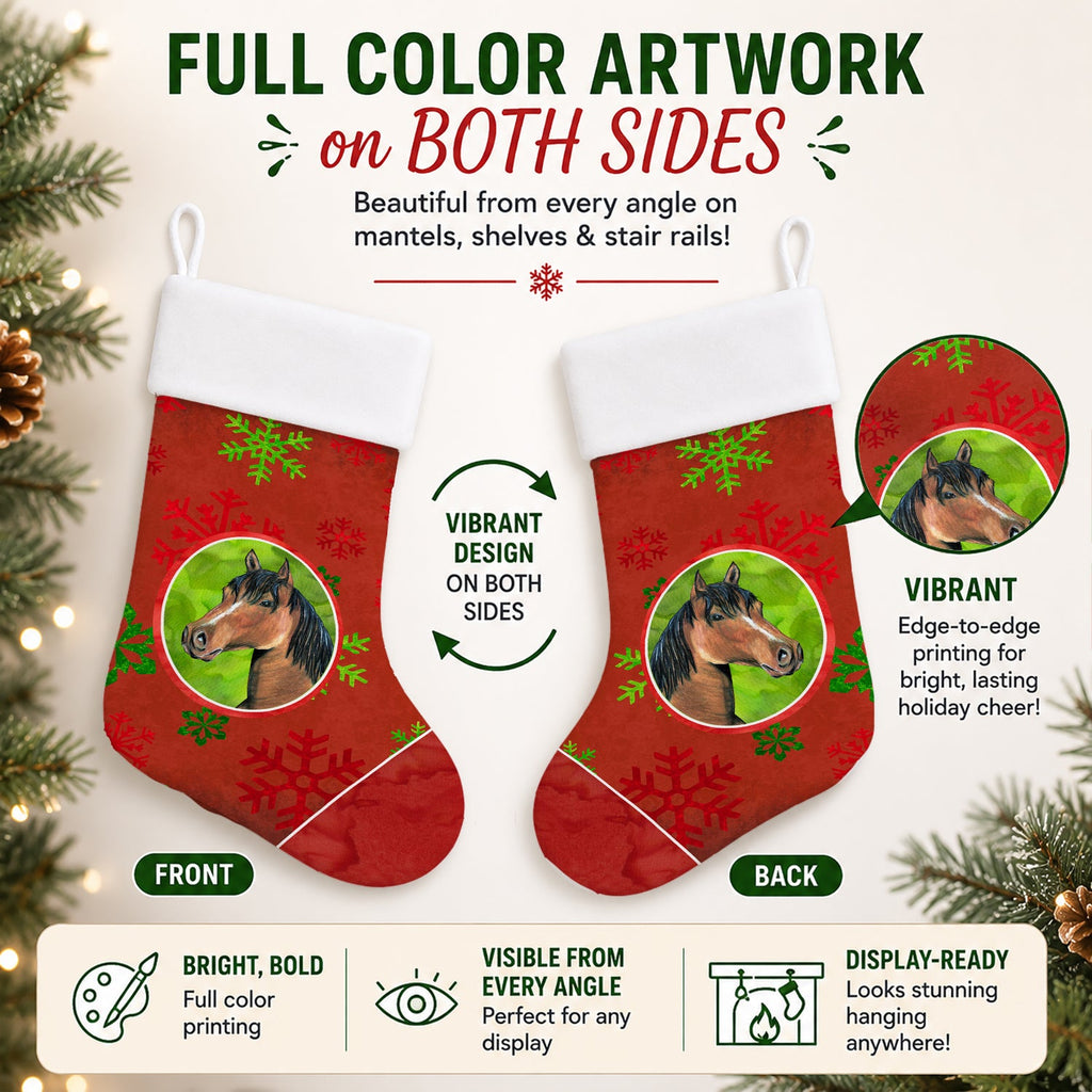 Horse Red Snowflakes Holiday Christmas  Holiday Stocking Double-Sided Print, Polyester Suede,11x18, Made in USA