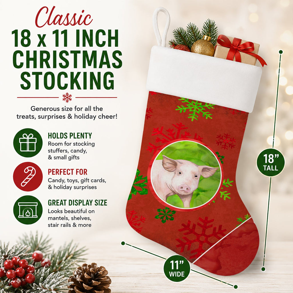 Pig Red Snowflakes Holiday Christmas  Holiday Stocking Double-Sided Print, Polyester Suede,11x18, Made in USA