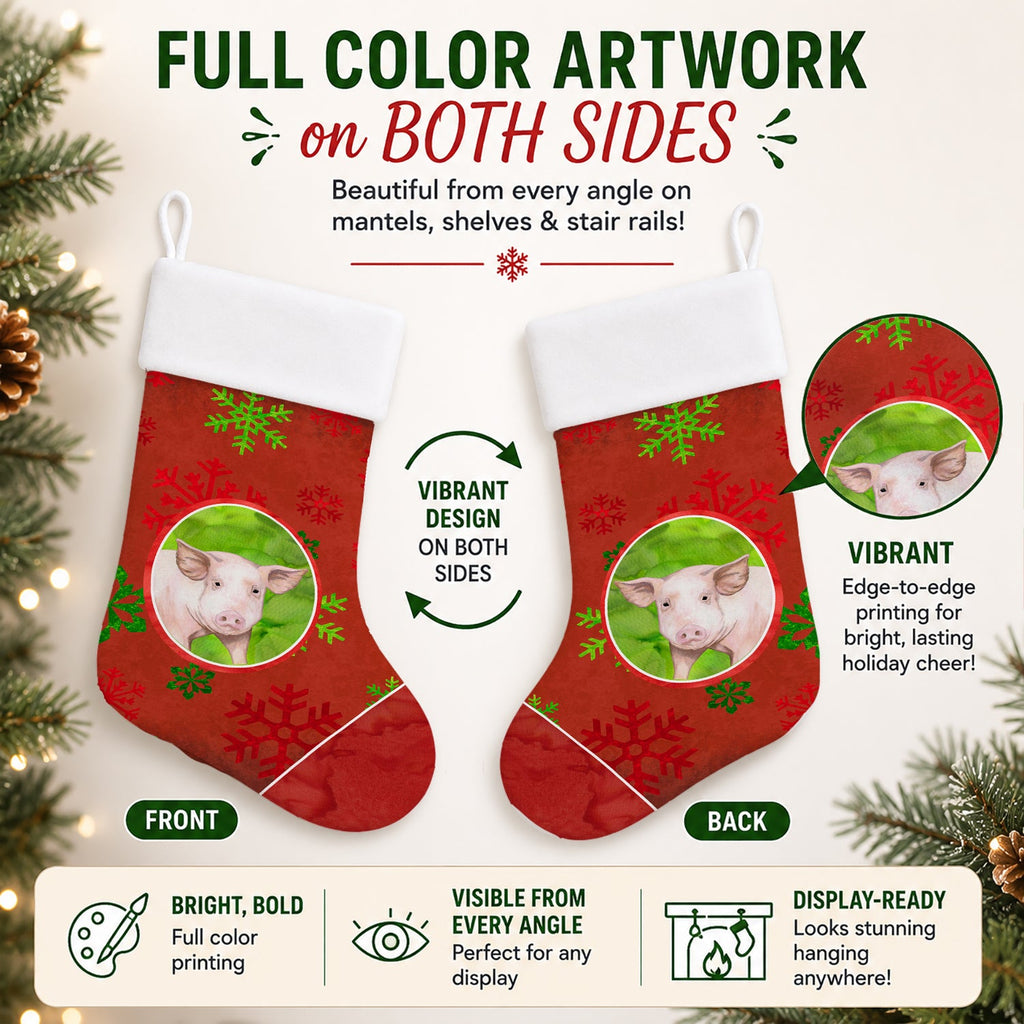 Pig Red Snowflakes Holiday Christmas  Holiday Stocking Double-Sided Print, Polyester Suede,11x18, Made in USA