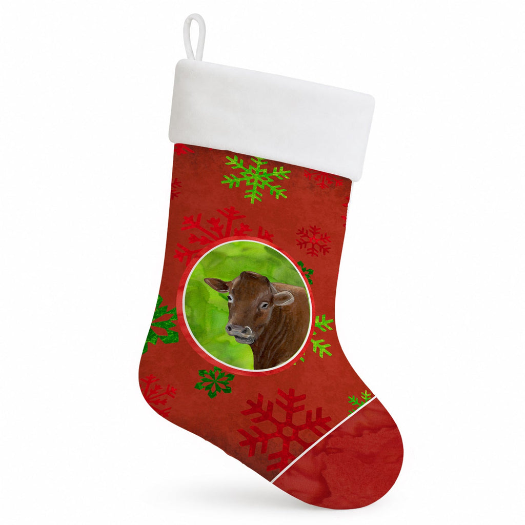 Cow Red Snowflakes Holiday Christmas  Holiday Stocking Double-Sided Print, Polyester Suede,11x18, Made in USA