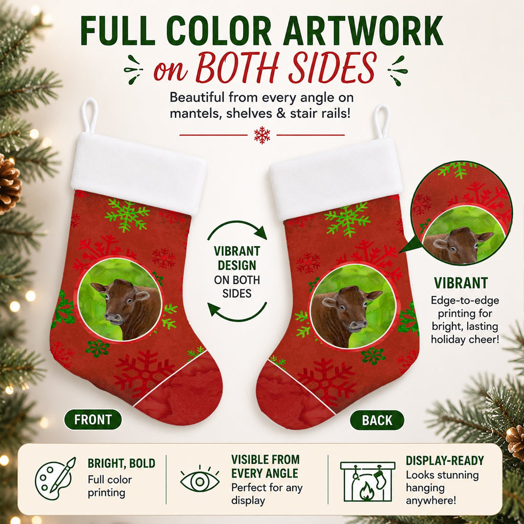 Cow Red Snowflakes Holiday Christmas  Holiday Stocking Double-Sided Print, Polyester Suede,11x18, Made in USA