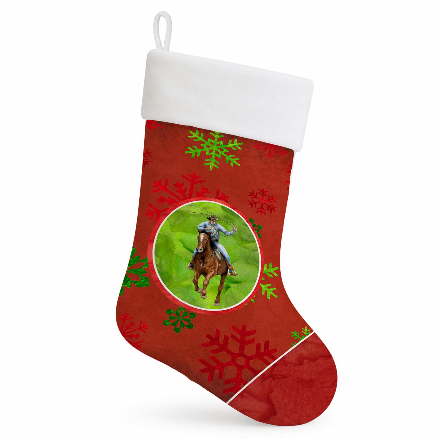 Horse Roper Red Snowflakes Holiday Christmas  Holiday Stocking Double-Sided Print, Polyester Suede,11x18, Made in USA