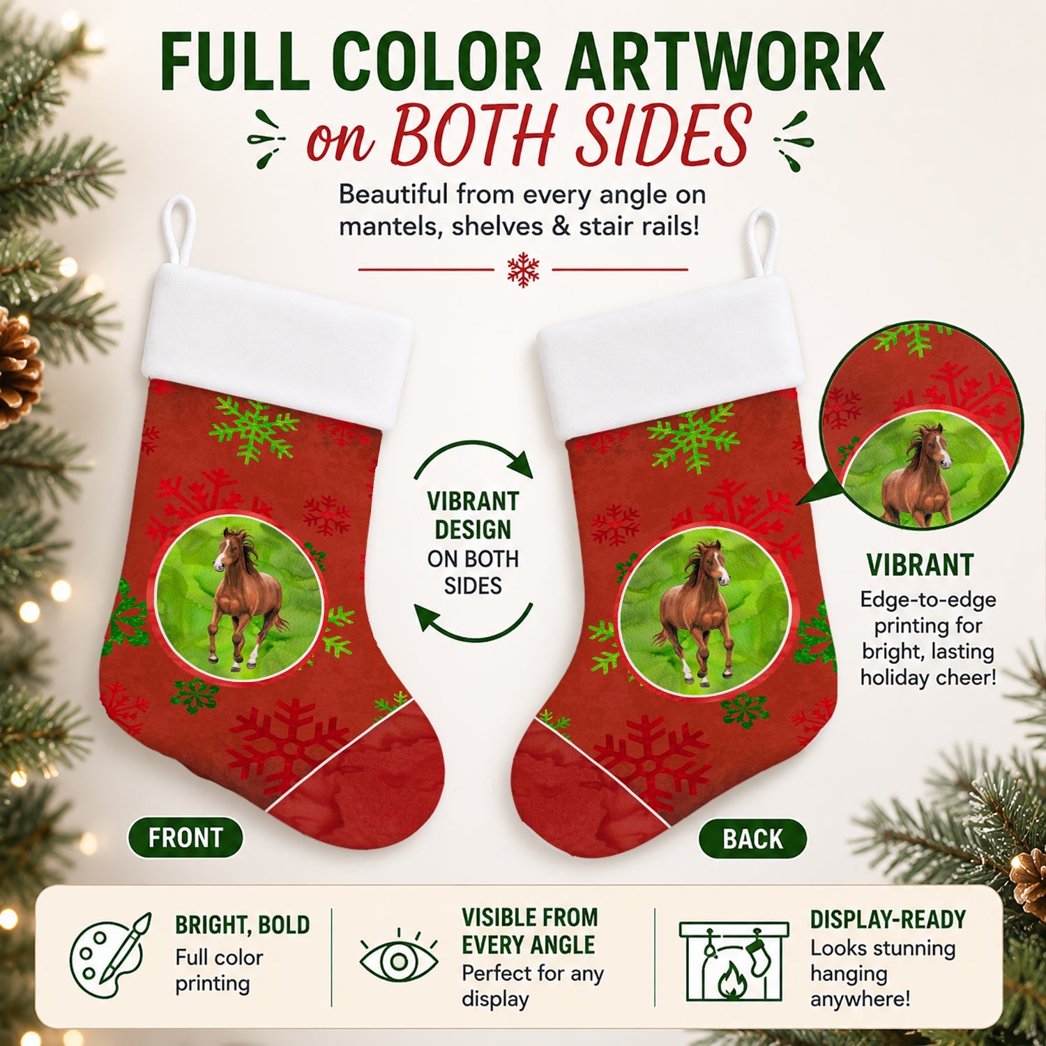 Horse Red Snowflakes Holiday Christmas  Holiday Stocking Double-Sided Print, Polyester Suede,11x18, Made in USA