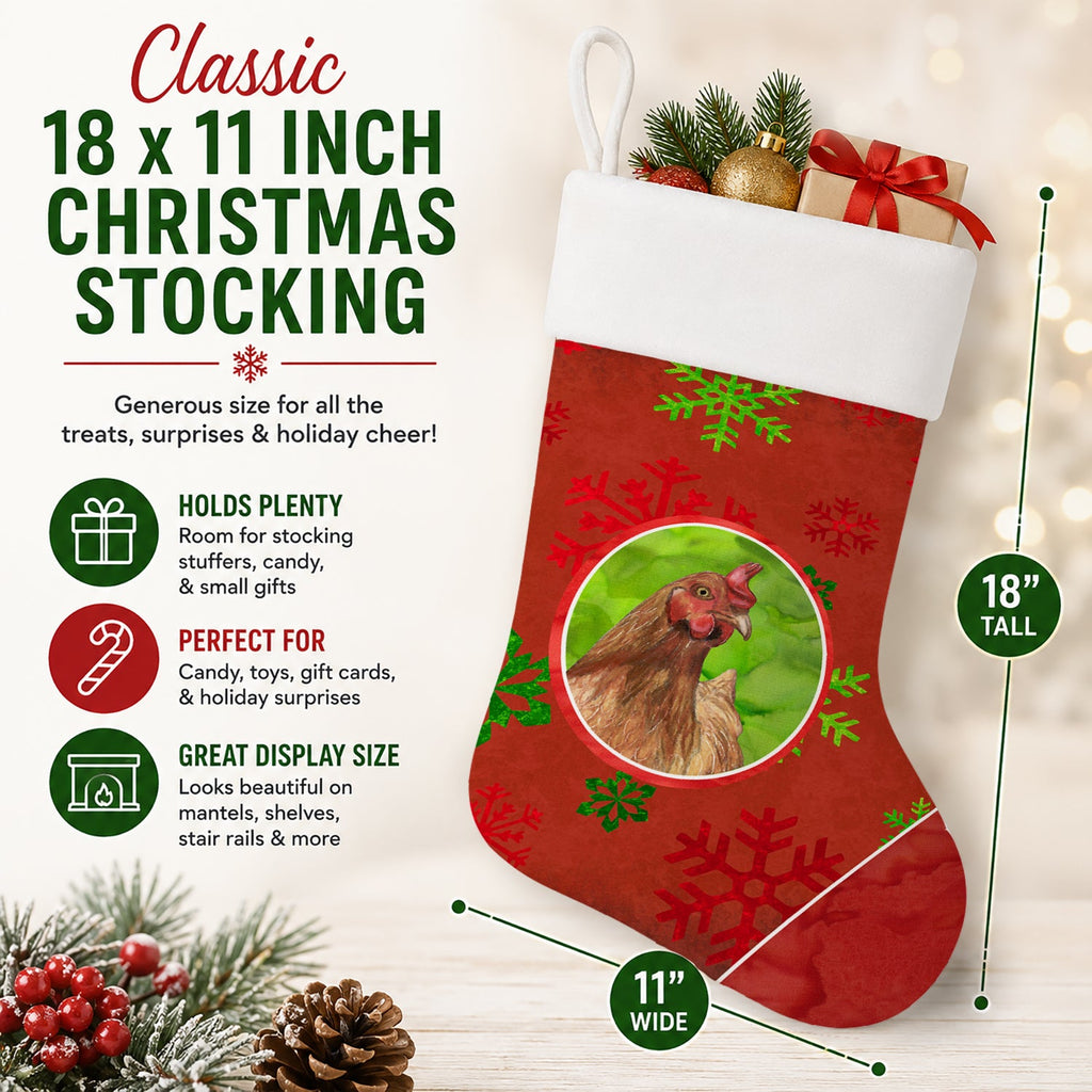 Chicken Red Snowflakes Holiday Christmas  Holiday Stocking Double-Sided Print, Polyester Suede,11x18, Made in USA