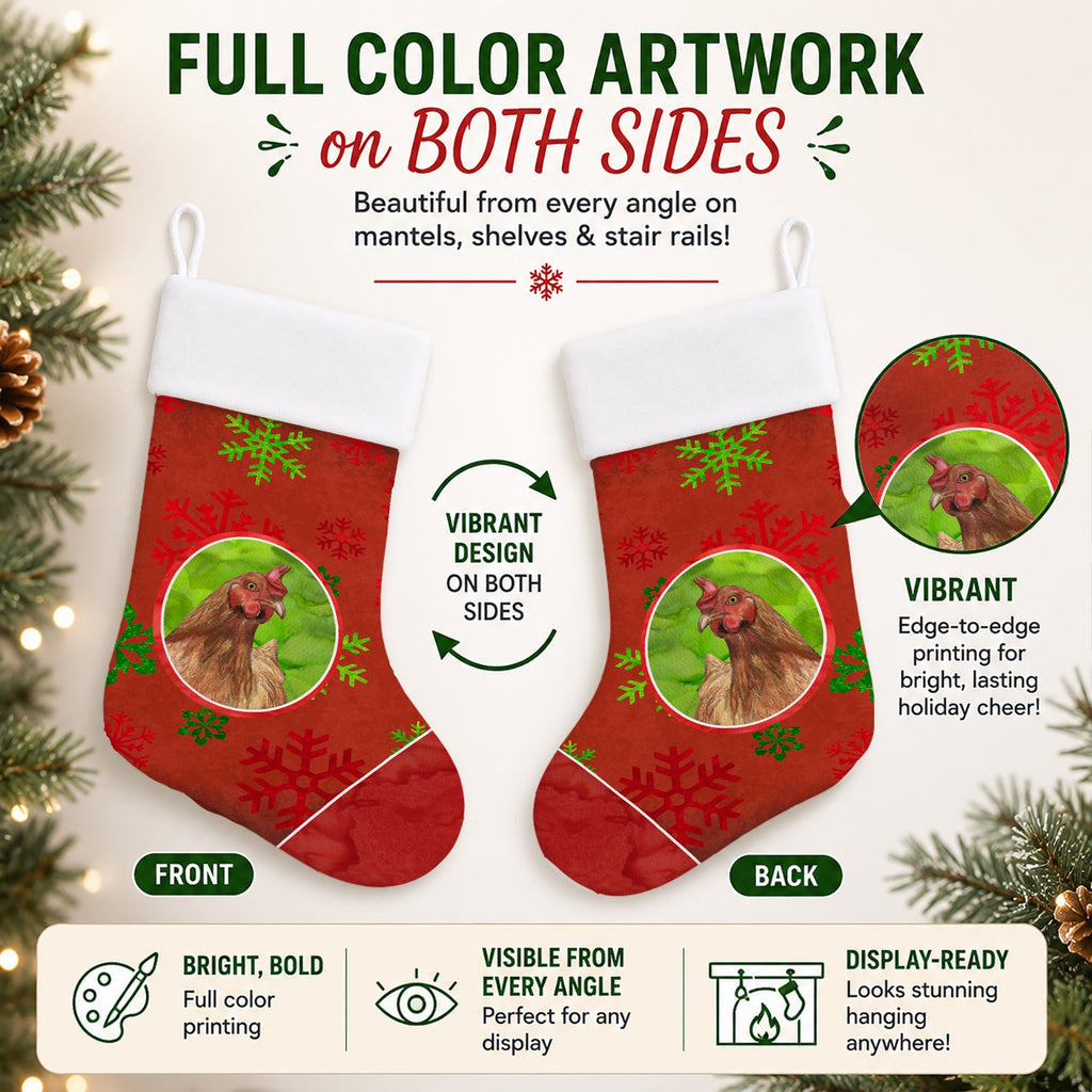 Chicken Red Snowflakes Holiday Christmas  Holiday Stocking Double-Sided Print, Polyester Suede,11x18, Made in USA
