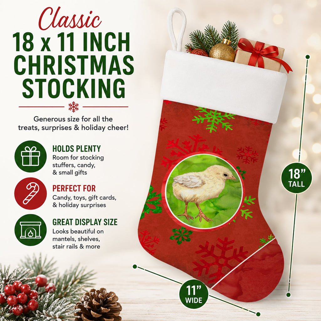 Baby Chick Red Snowflakes Holiday Christmas  Holiday Stocking Double-Sided Print, Polyester Suede,11x18, Made in USA