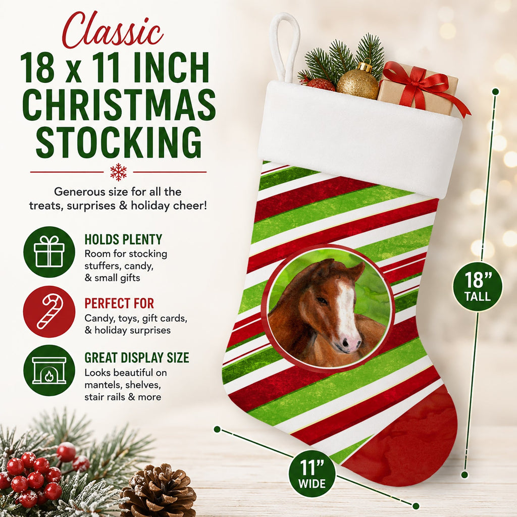 Horse Foal Candy Cane Holiday Christmas Holiday Stocking Double-Sided Print, Polyester Suede,11x18, Made in USA