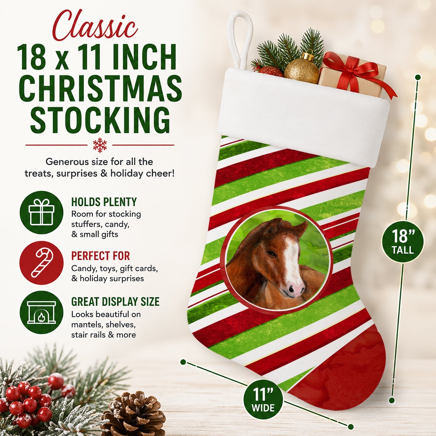 Horse Foal Candy Cane Holiday Christmas Holiday Stocking Double-Sided Print, Polyester Suede,11x18, Made in USA