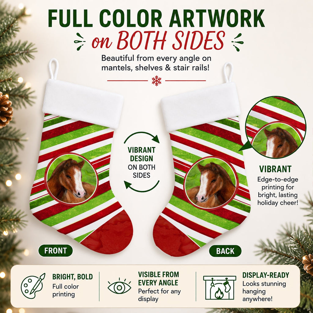 Horse Foal Candy Cane Holiday Christmas Holiday Stocking Double-Sided Print, Polyester Suede,11x18, Made in USA