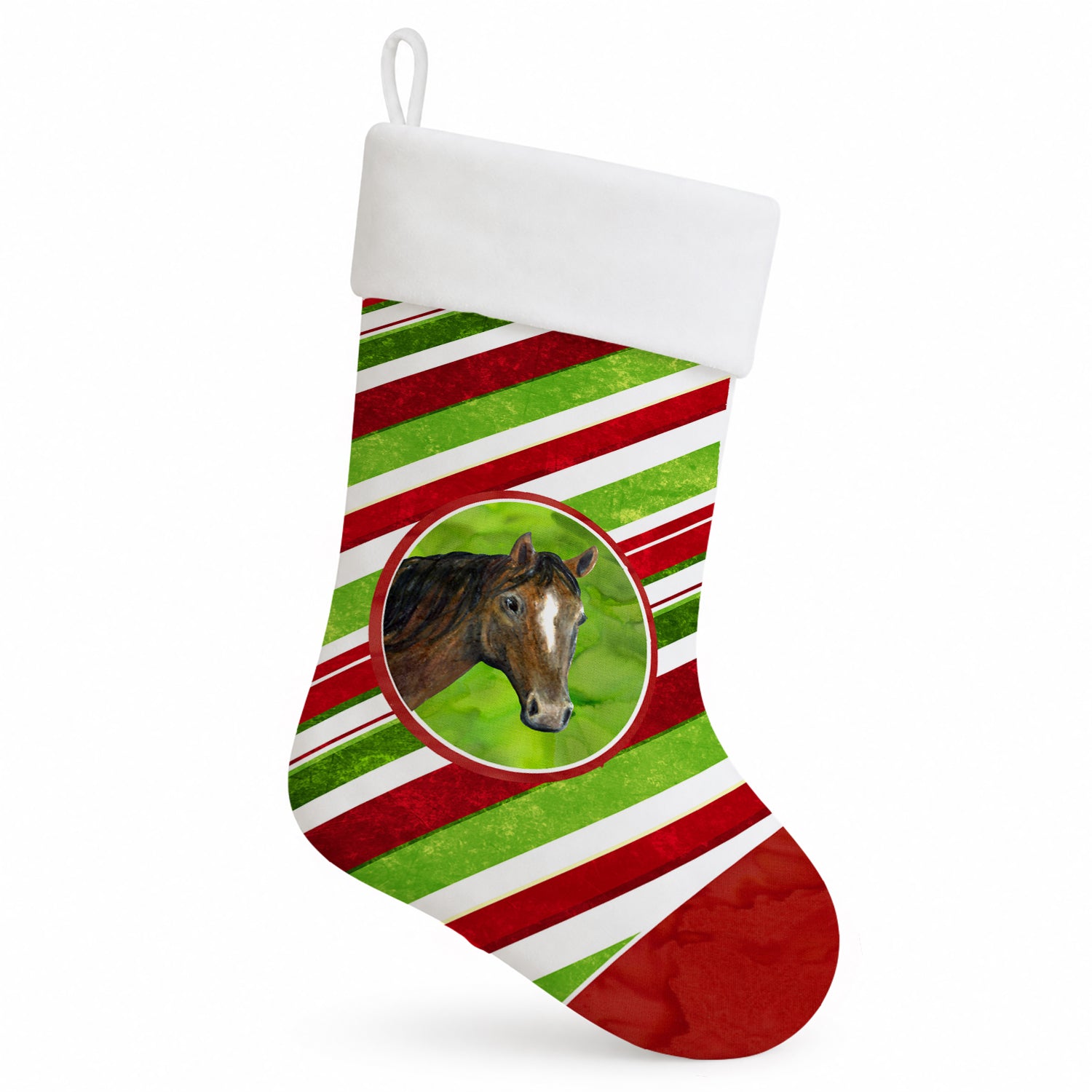 Horse Candy Cane Holiday Christmas Holiday Stocking Double-Sided Print, Polyester Suede,11x18, Made in USA