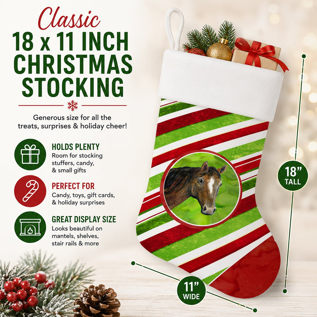 Horse Candy Cane Holiday Christmas Holiday Stocking Double-Sided Print, Polyester Suede,11x18, Made in USA