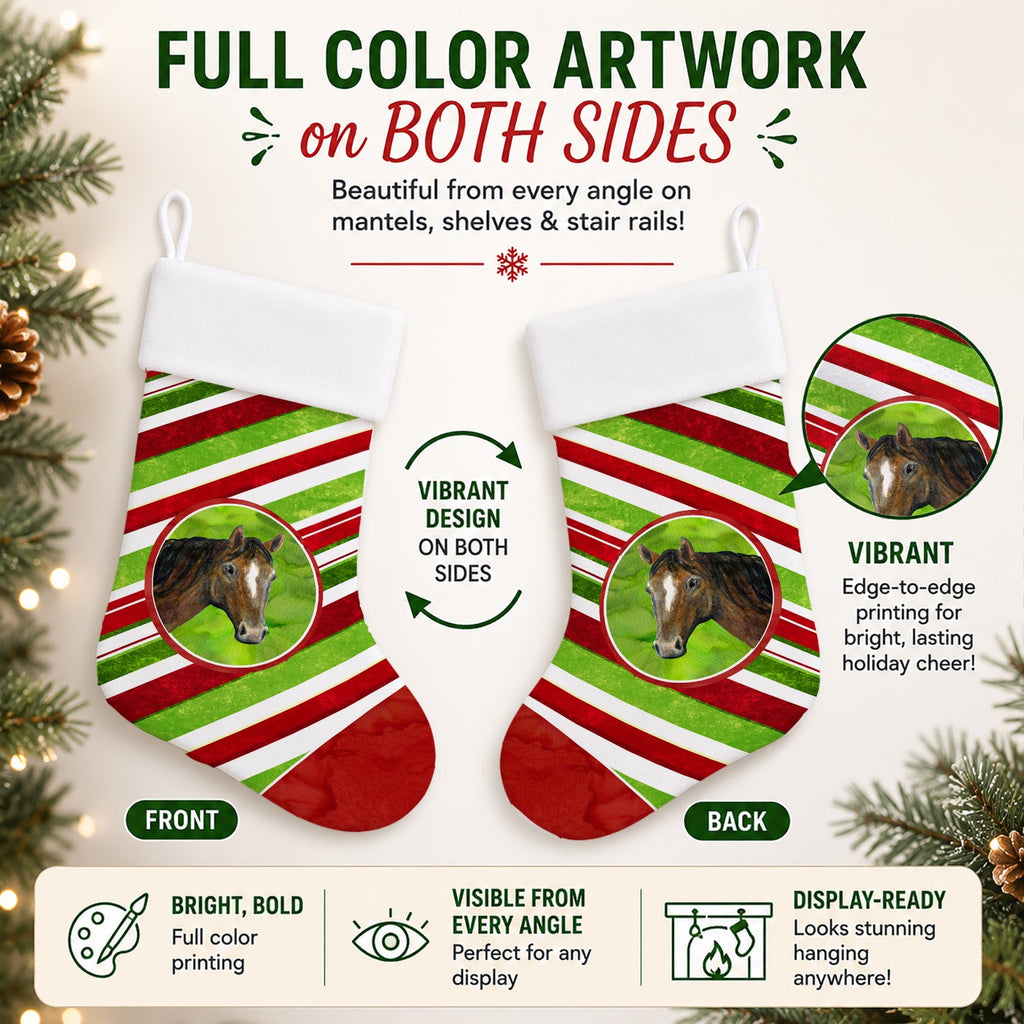 Horse Candy Cane Holiday Christmas Holiday Stocking Double-Sided Print, Polyester Suede,11x18, Made in USA