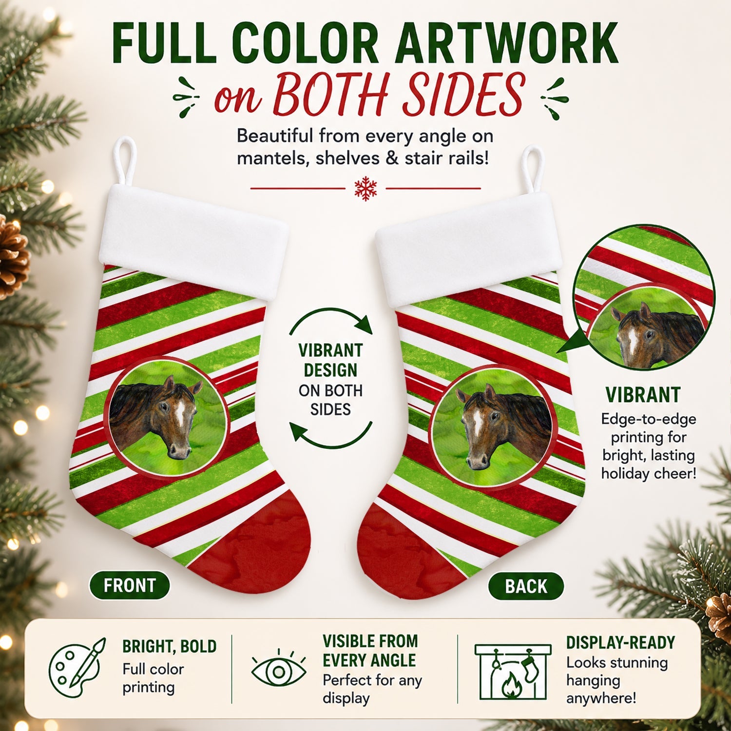 Horse Candy Cane Holiday Christmas Holiday Stocking Double-Sided Print, Polyester Suede,11x18, Made in USA