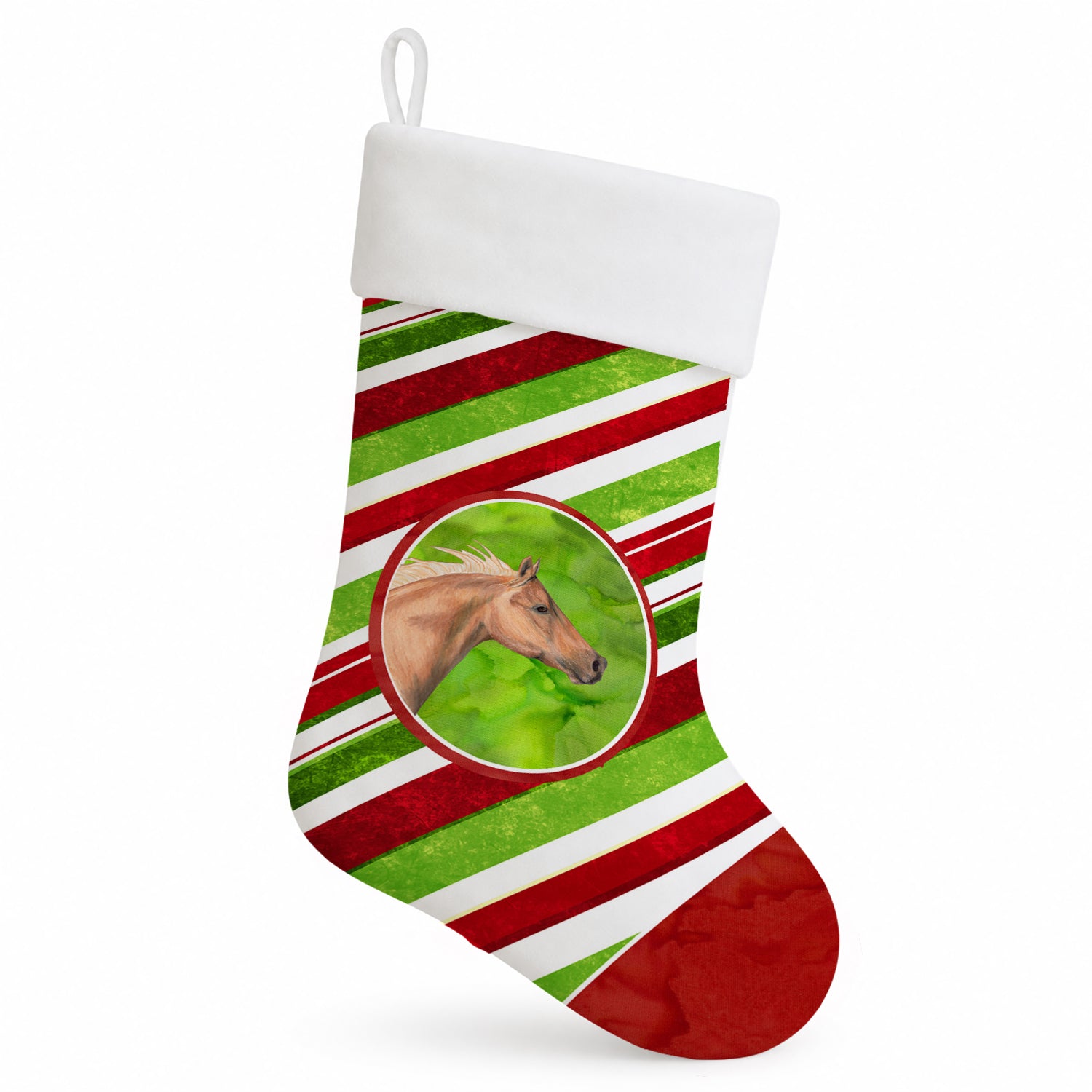 Horse Candy Cane Holiday Christmas Holiday Stocking Double-Sided Print, Polyester Suede,11x18, Made in USA