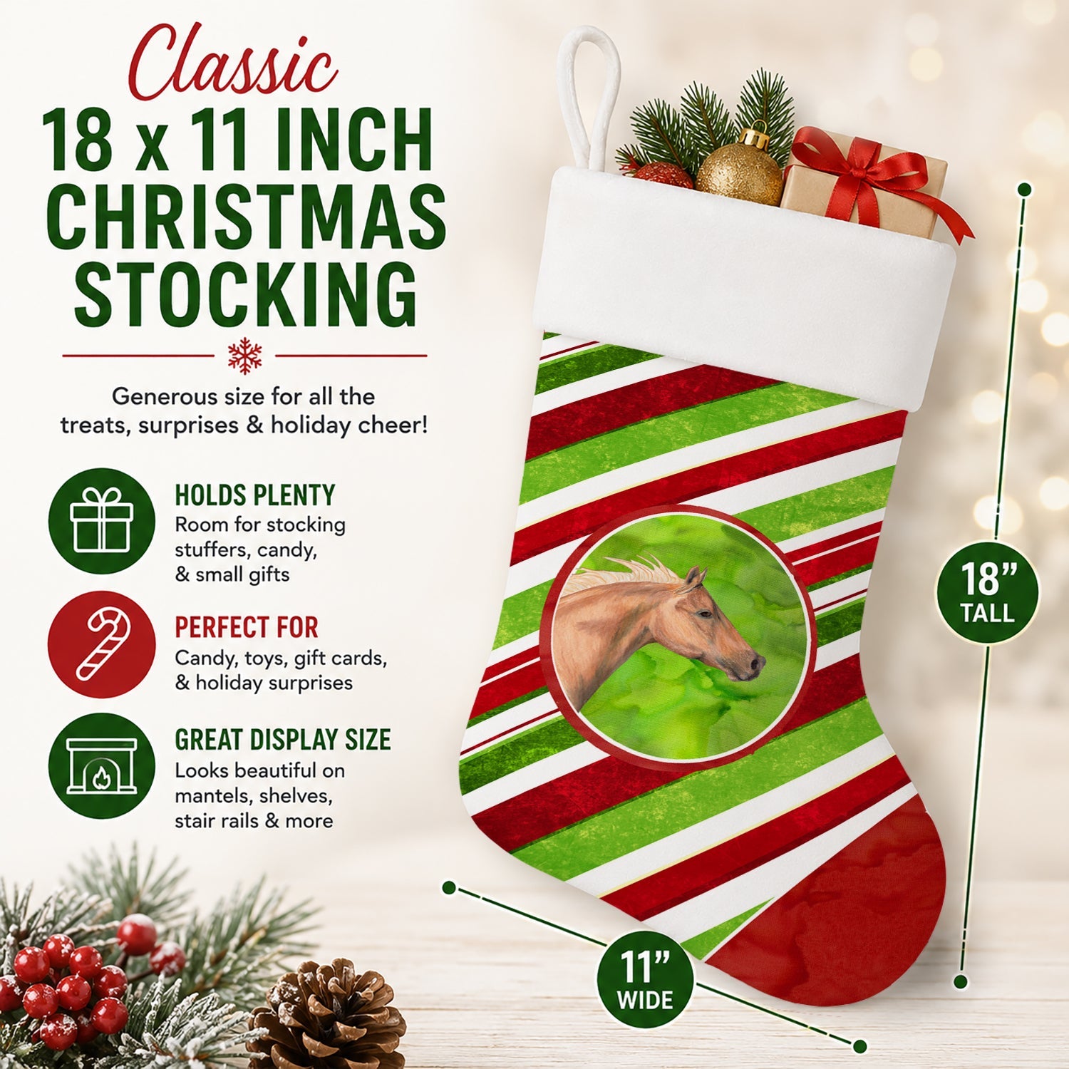Horse Candy Cane Holiday Christmas Holiday Stocking Double-Sided Print, Polyester Suede,11x18, Made in USA