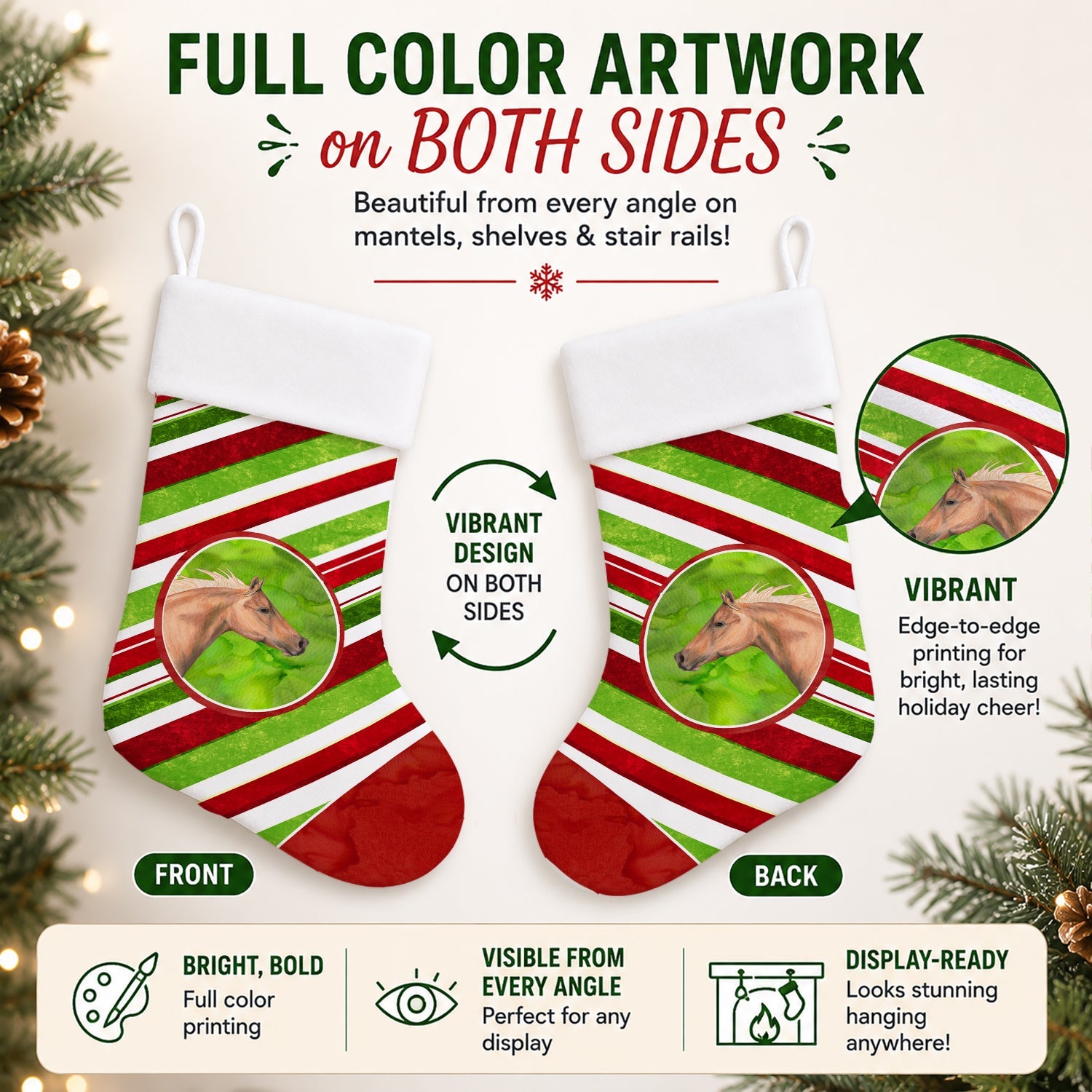 Horse Candy Cane Holiday Christmas Holiday Stocking Double-Sided Print, Polyester Suede,11x18, Made in USA