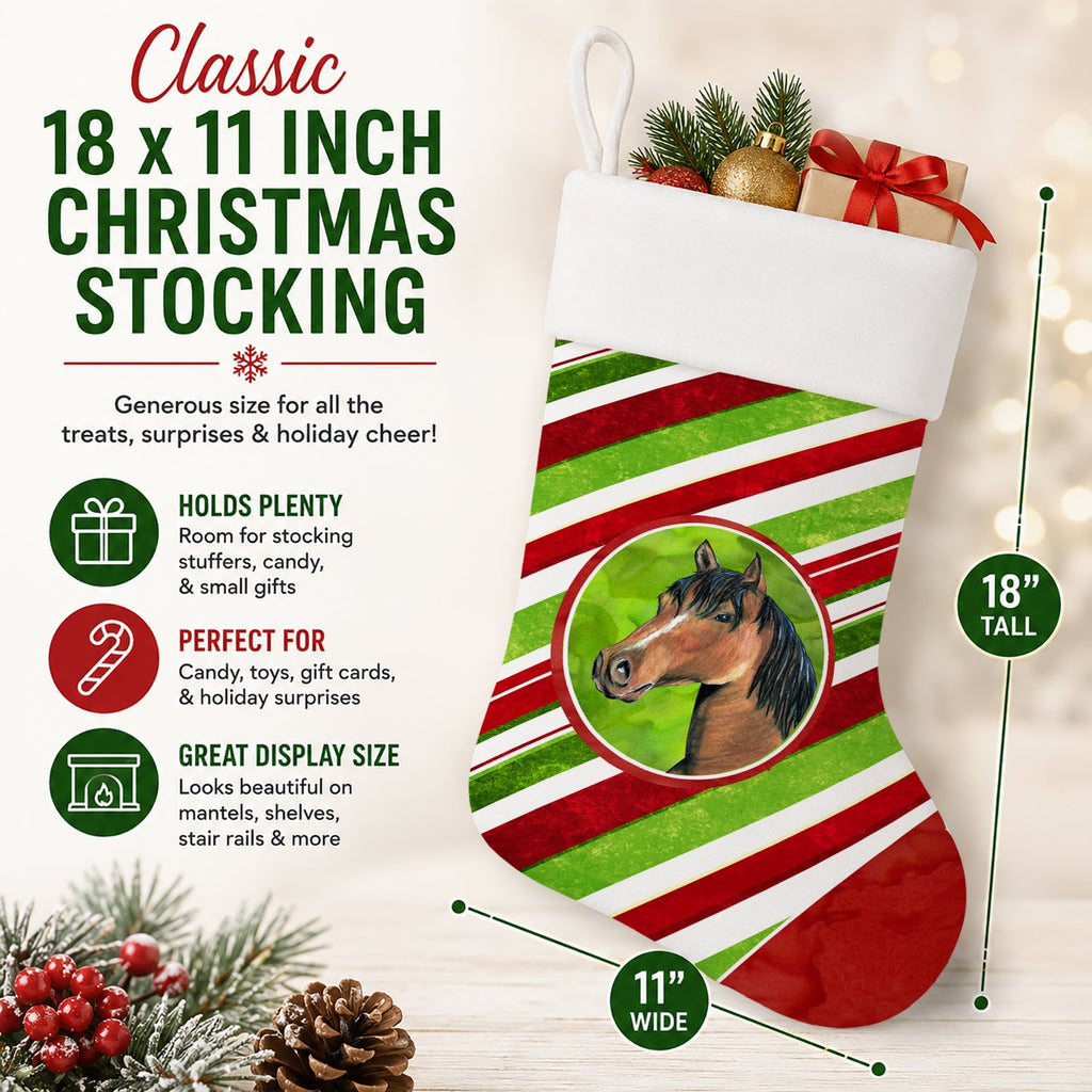 Horse Candy Cane Holiday Christmas Holiday Stocking Double-Sided Print, Polyester Suede,11x18, Made in USA