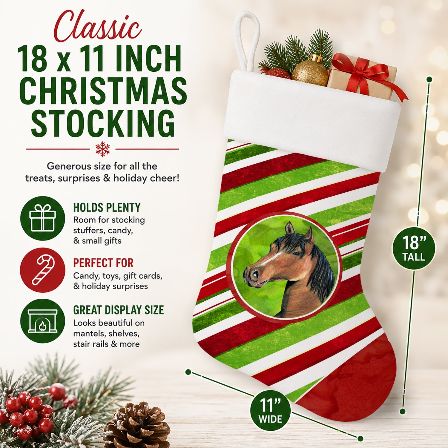 Horse Candy Cane Holiday Christmas Holiday Stocking Double-Sided Print, Polyester Suede,11x18, Made in USA