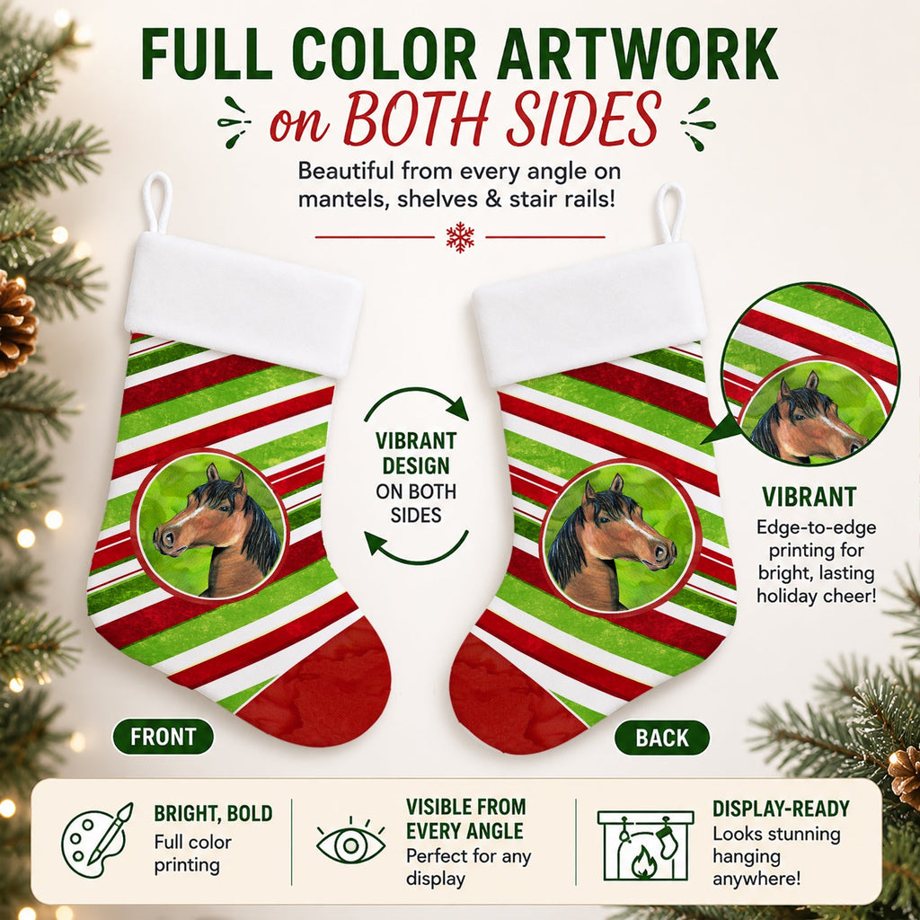 Horse Candy Cane Holiday Christmas Holiday Stocking Double-Sided Print, Polyester Suede,11x18, Made in USA