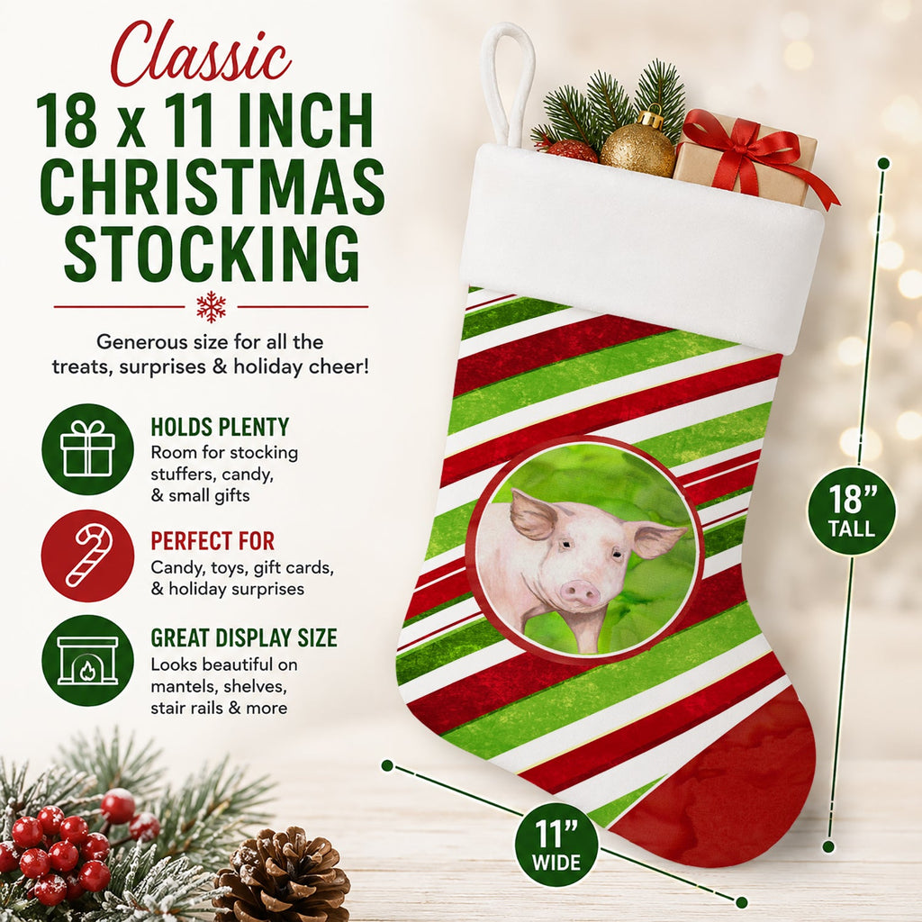 Pig Candy Cane Holiday Christmas Holiday Stocking Double-Sided Print, Polyester Suede,11x18, Made in USA