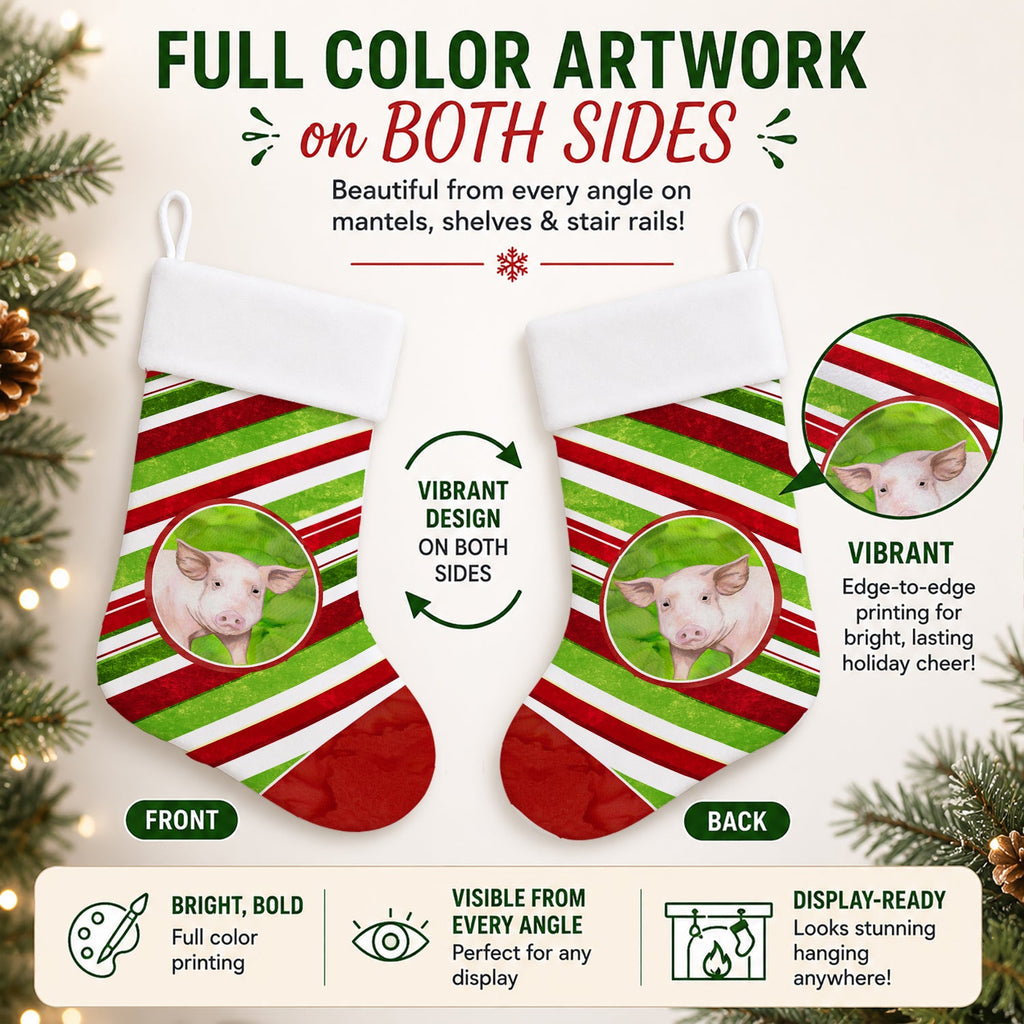 Pig Candy Cane Holiday Christmas Holiday Stocking Double-Sided Print, Polyester Suede,11x18, Made in USA