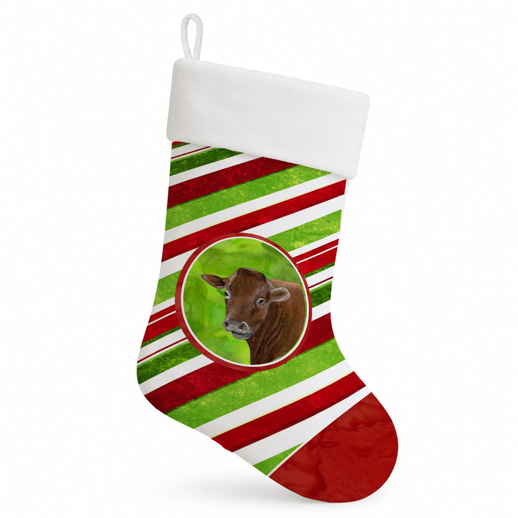 Cow Candy Cane Holiday Christmas Holiday Stocking Double-Sided Print, Polyester Suede,11x18, Made in USA