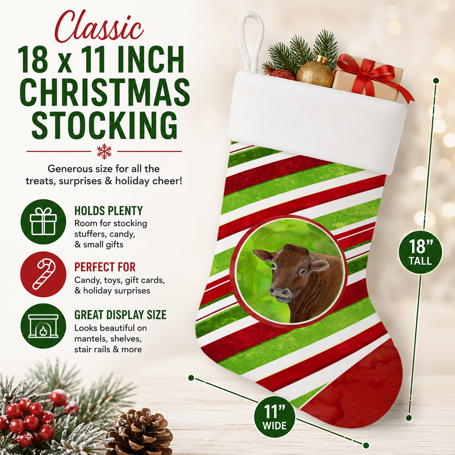Cow Candy Cane Holiday Christmas Holiday Stocking Double-Sided Print, Polyester Suede,11x18, Made in USA
