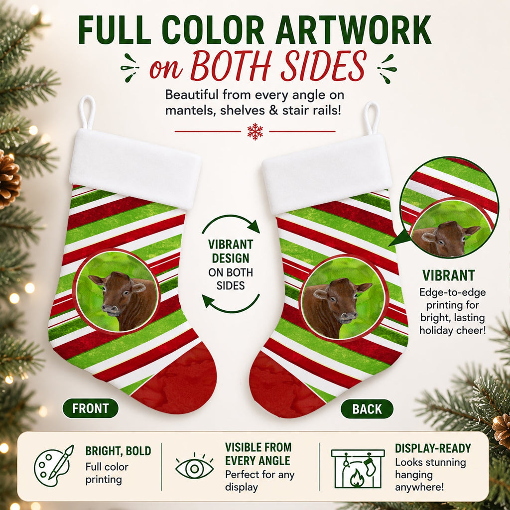 Cow Candy Cane Holiday Christmas Holiday Stocking Double-Sided Print, Polyester Suede,11x18, Made in USA