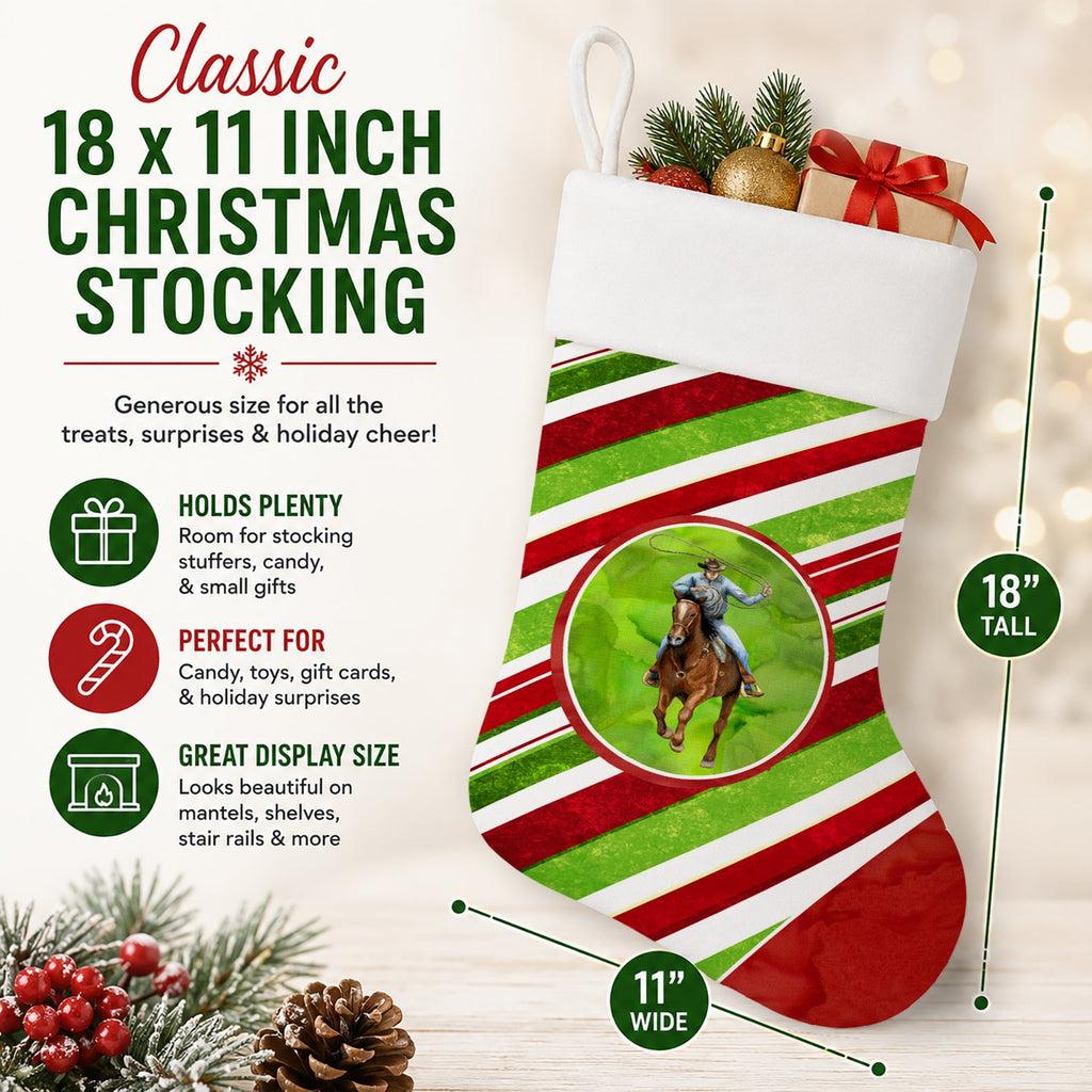 Horse Roper Candy Cane Holiday Christmas Holiday Stocking Double-Sided Print, Polyester Suede,11x18, Made in USA