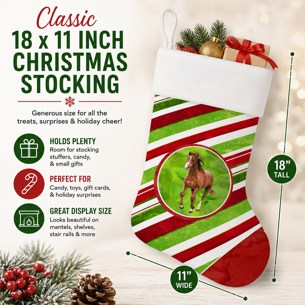 Horse Candy Cane Holiday Christmas Holiday Stocking Double-Sided Print, Polyester Suede,11x18, Made in USA