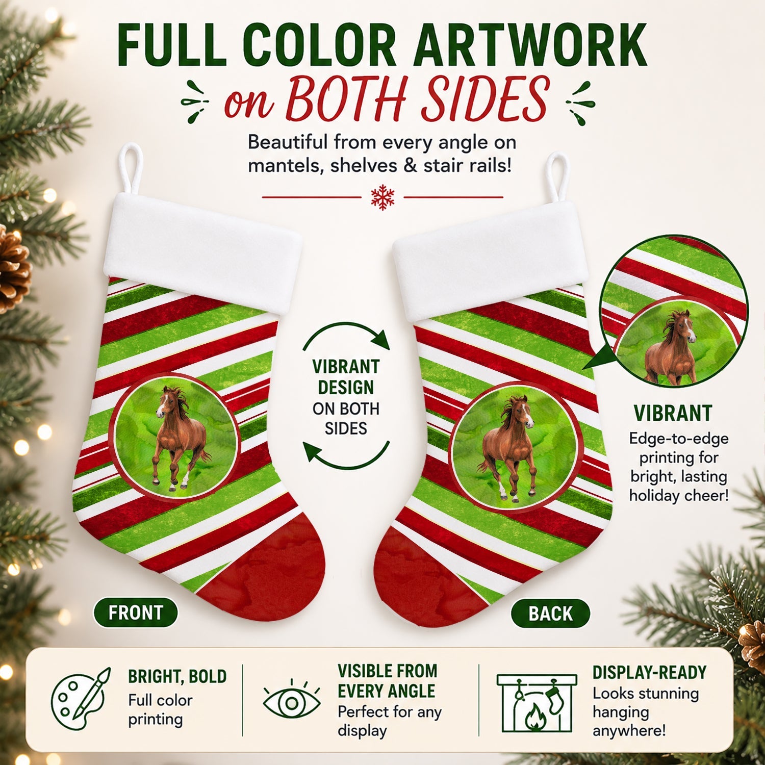 Horse Candy Cane Holiday Christmas Holiday Stocking Double-Sided Print, Polyester Suede,11x18, Made in USA