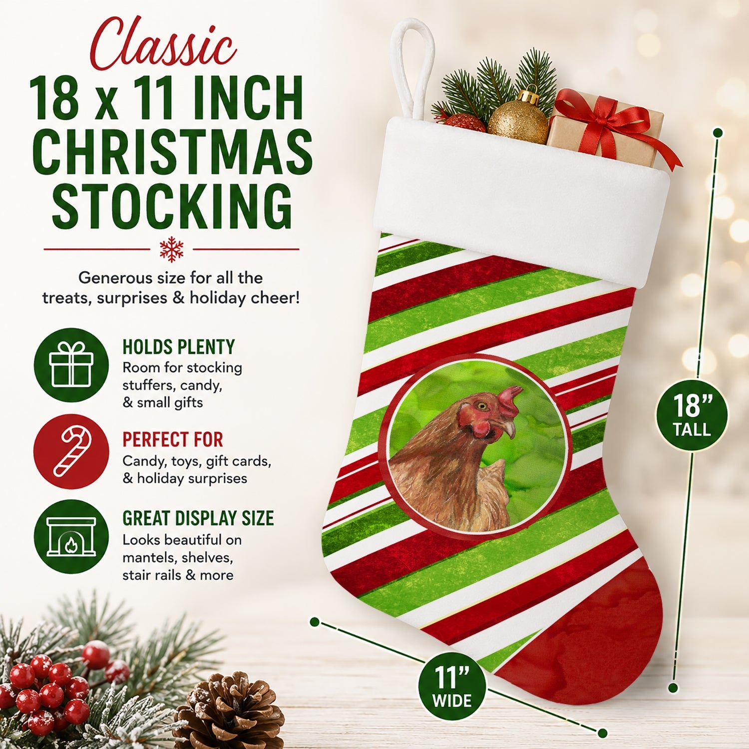 Chicken Candy Cane Holiday Christmas Holiday Stocking Double-Sided Print, Polyester Suede,11x18, Made in USA