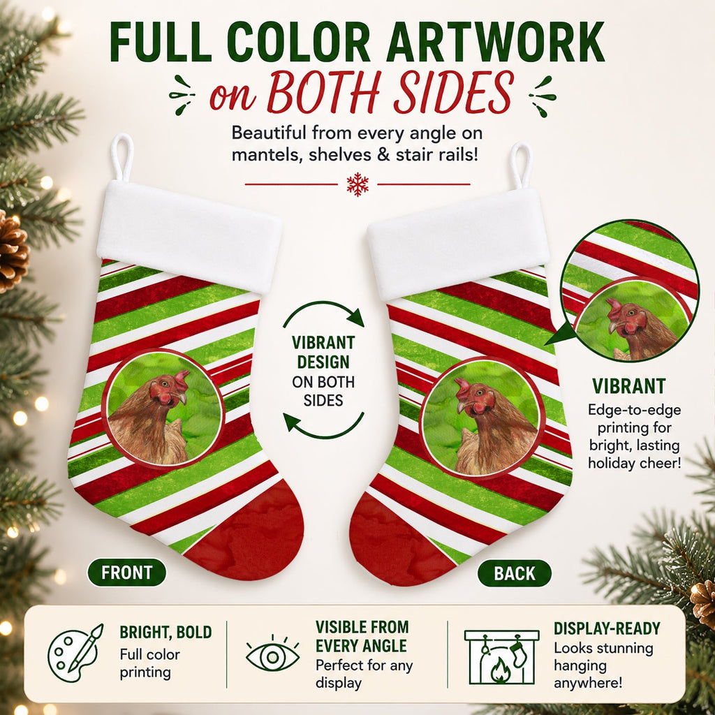 Chicken Candy Cane Holiday Christmas Holiday Stocking Double-Sided Print, Polyester Suede,11x18, Made in USA