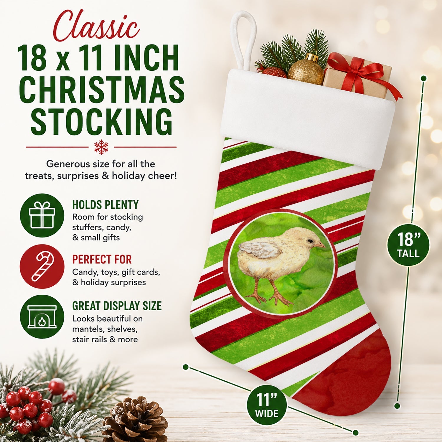 Baby Chick Candy Cane Holiday Christmas Holiday Stocking Double-Sided Print, Polyester Suede,11x18, Made in USA
