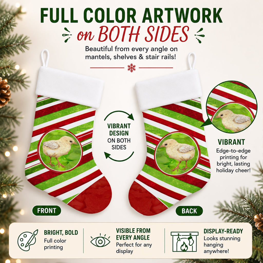 Baby Chick Candy Cane Holiday Christmas Holiday Stocking Double-Sided Print, Polyester Suede,11x18, Made in USA