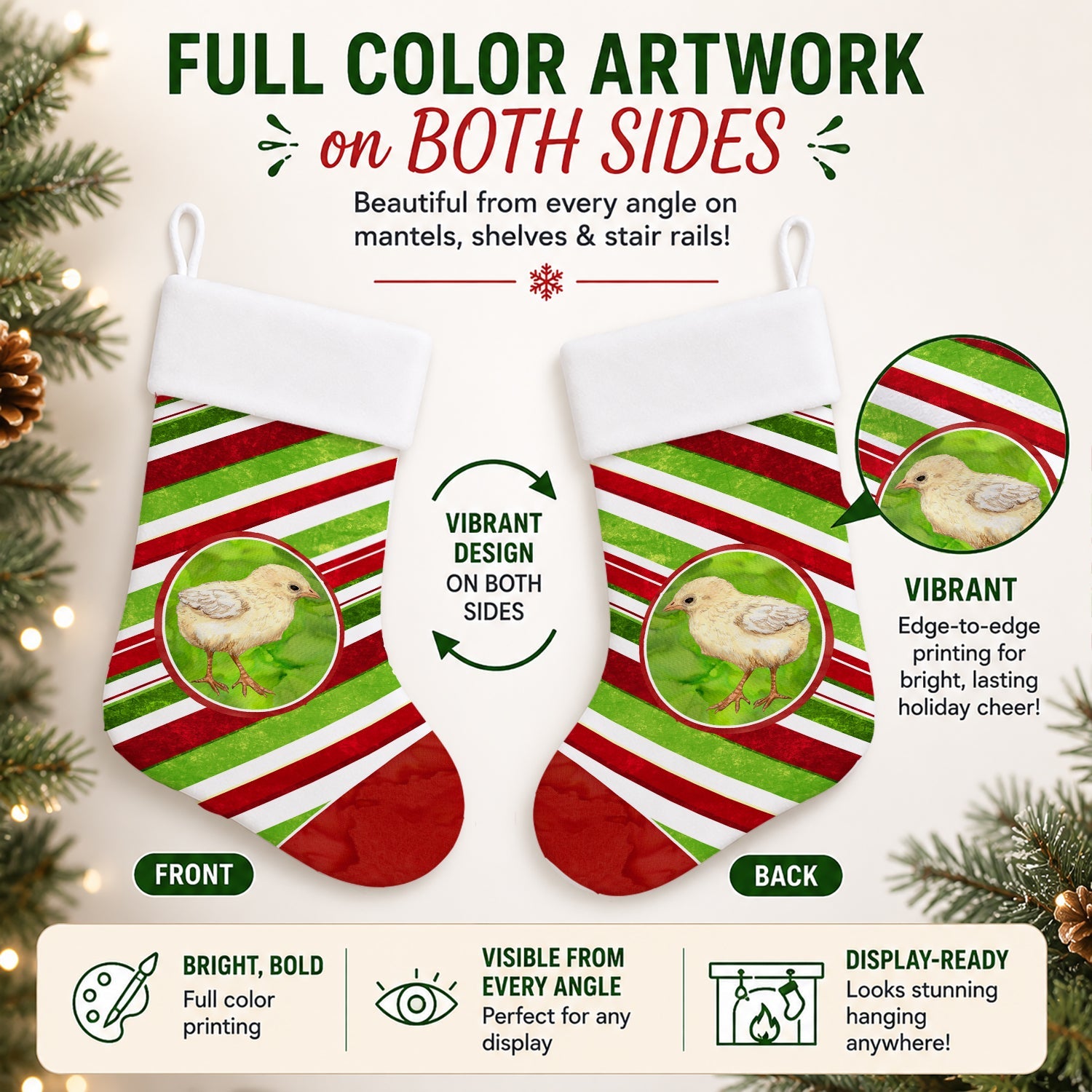 Baby Chick Candy Cane Holiday Christmas Holiday Stocking Double-Sided Print, Polyester Suede,11x18, Made in USA