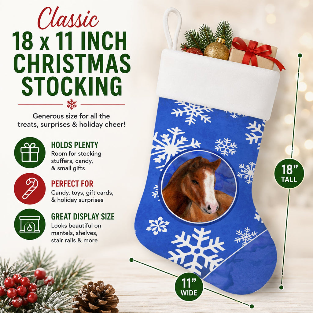 Horse Foal Winter Snowflakes Holiday Holiday Stocking Double-Sided Print, Polyester Suede,11x18, Made in USA