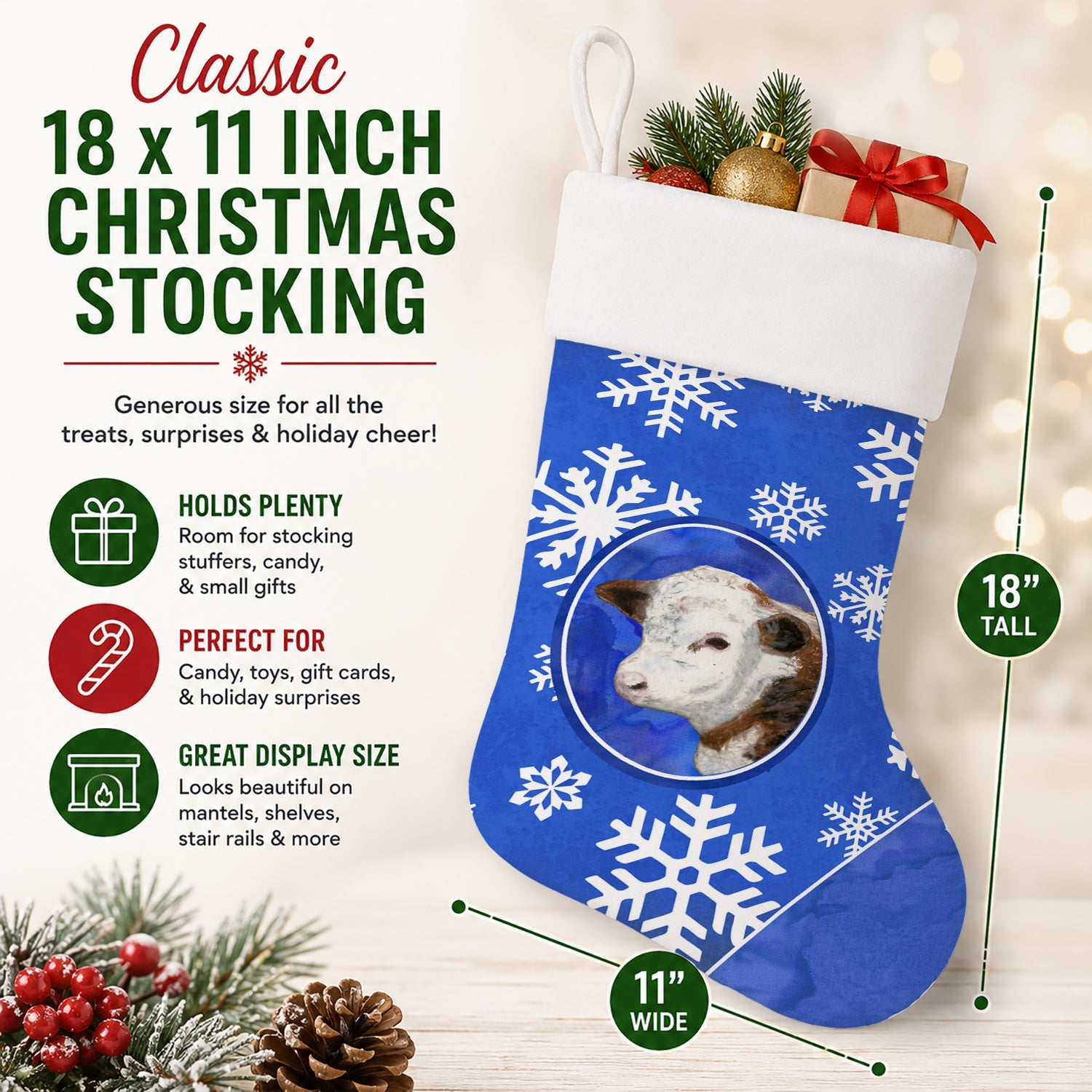 Baby Calf Winter Snowflakes Holiday Holiday Stocking Double-Sided Print, Polyester Suede,11x18, Made in USA