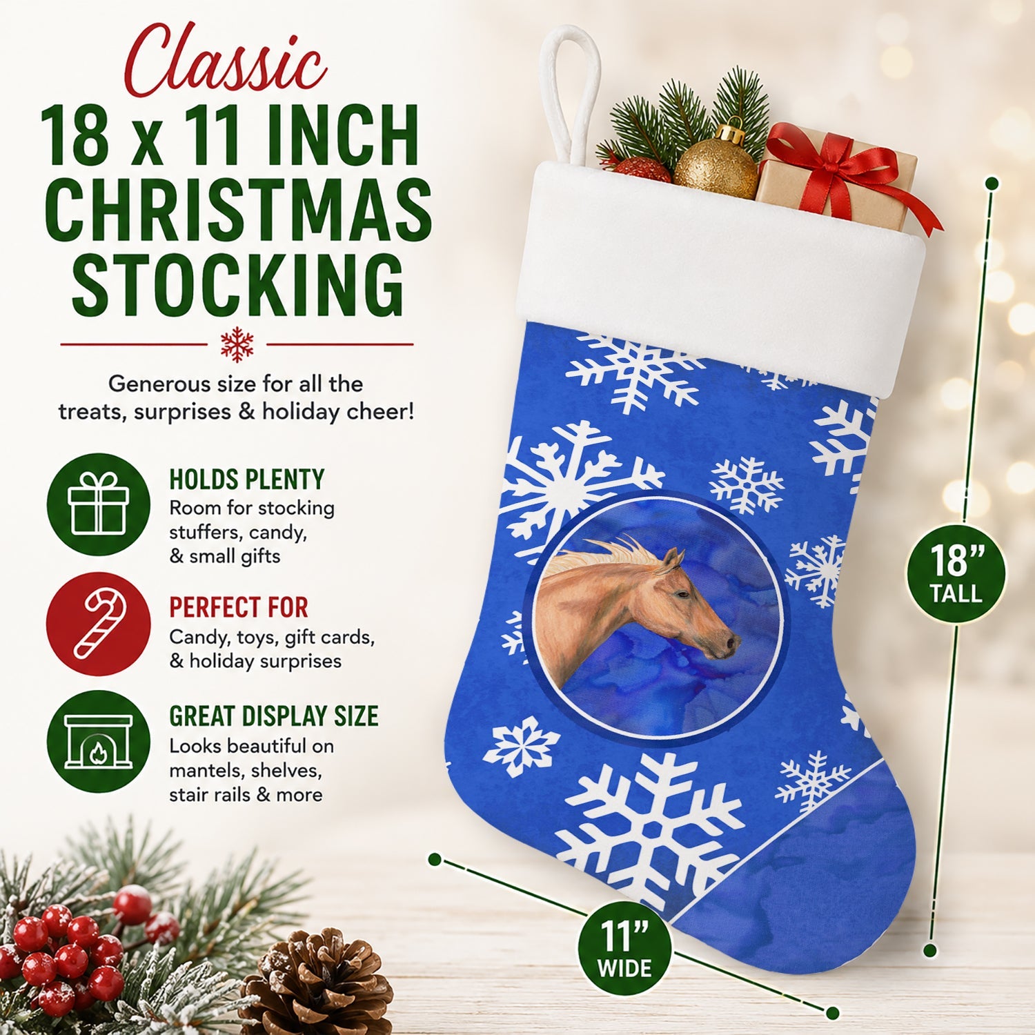 Horse Winter Snowflakes Holiday Holiday Stocking Double-Sided Print, Polyester Suede,11x18, Made in USA